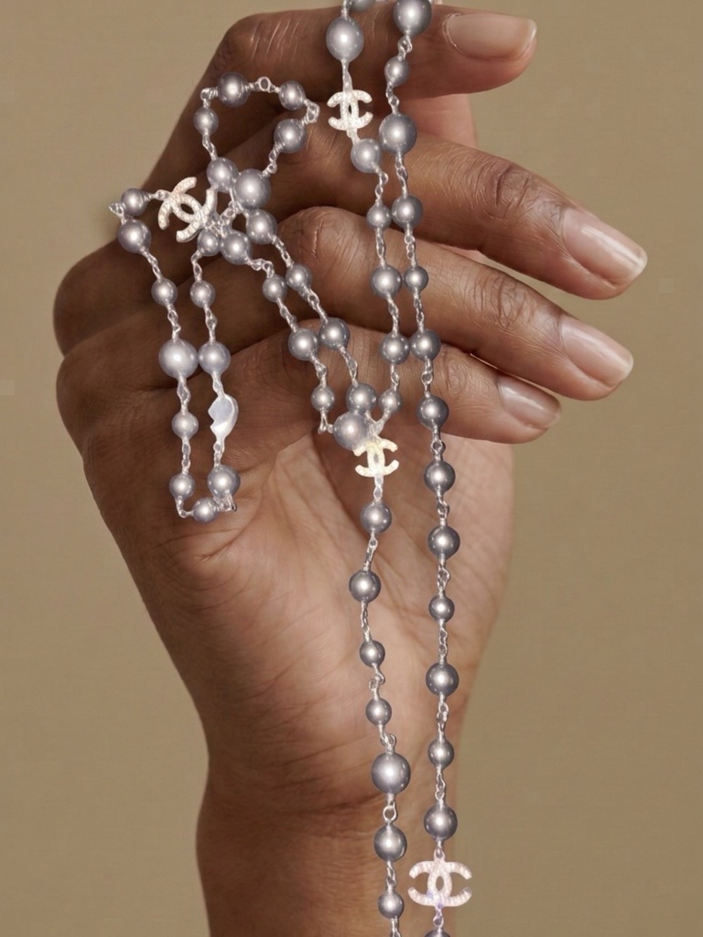 CHANEL Silver Grey Pearl CC Charm Long Necklace